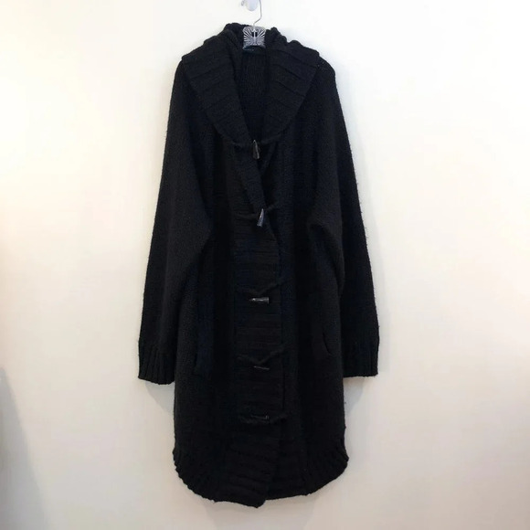 RARE Songzio Long Black Hooded Wool Blend Designer Heavy Cardigan Coatigan Coat - Picture 4 of 12